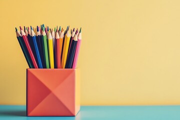 Fototapeta premium A set of colorful pencils in a geometric container on a vibrant background
