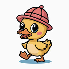 Adorable cartoon duckling walking forward with a pink hat on a white background creating a charming and playful illustration perfect for childrens content