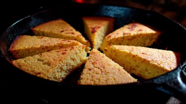 Delicious slices of freshly baked cornbread arranged in a cast iron pan.