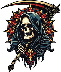 Grim Reaper Tattoo Art Design with Mandala Art Concept – Perfect for Tattoo, T-Shirt Design, Print, Wall Art, Poster or Digital Stickers. Editable vector