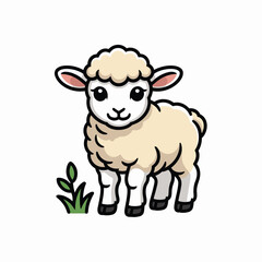 Adorable cartoon illustration of a fluffy sheep with a friendly expression standing in front of some green grass on a bright white background perfect for various designs.