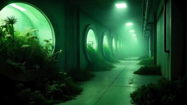A green science experiment, with mutated plants bursting out of containment chambers in a derelict underground lab