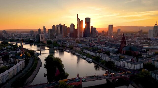 Aerial summer sunset view of the skyline of Frankfurt am Main, Germany, wit the sun setting behind the office skyscrapers