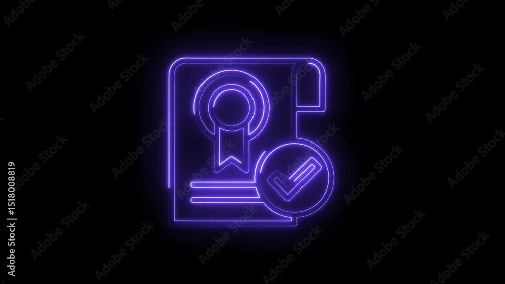 Poster neon style certification of approval animation against black background with a seamless loop