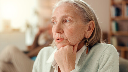 Thinking, sad and memory with old woman on sofa for Alzheimer, retirement and reflection. Nostalgia, depression and loneliness with senior person in living room of home for dementia and mental health