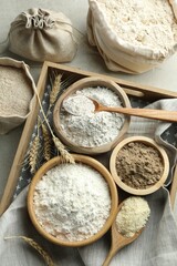 Different types of flour on light grey table, flat lay