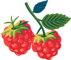 Ripe raspberries hanging from their green stems against a simple background