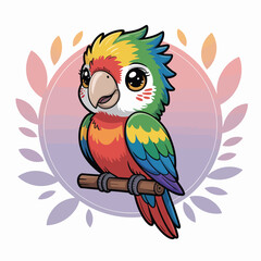 Fototapeta premium Adorable cartoon parrot illustration with colorful feathers perched on a branch within a decorative circular frame featuring leaf accents