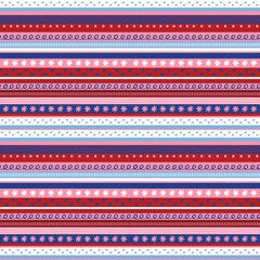 Decorative stripes pattern in blue white red. American independence day patriotic background for fabrics, wrapping paper, banner, ads, gift wrap, posters backdrop. 