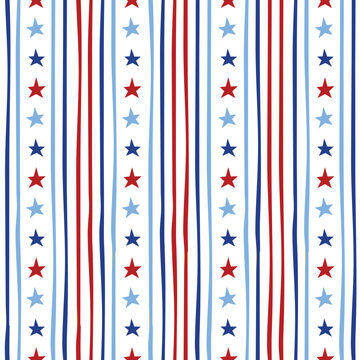 Stars and stripes seamless pattern in red and blue on white background. America patriotic print, Independence day decoration, Fabric, wallpaper, packaging, gift wrap design, banner.