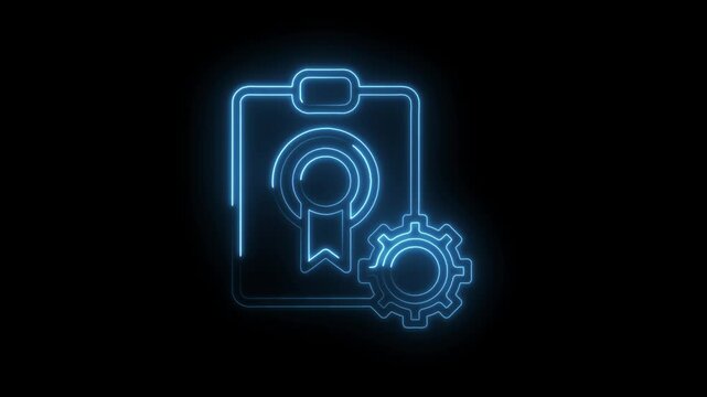 Glowing neon technical certification process animation on black background quality assurance symbol