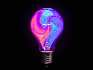 Light bulb with neon lights, abstract glowing background, digital illustration, Ai generated image 