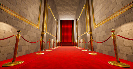 red carpet with golden barrieres leading to a red curtains entrance, vip concept