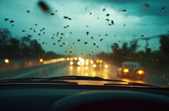 Bugs on windshield during driving at night