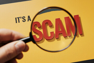 Magnifying glass focuses on red word scam on yellow background, illustrating fraud detection or investigation concept