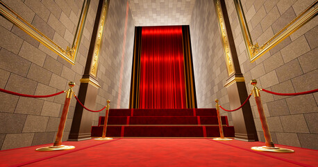 red carpet with golden barrieres leading to a red curtains entrance, vip concept