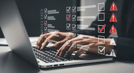 Businessperson completing online checklist with warning signs
