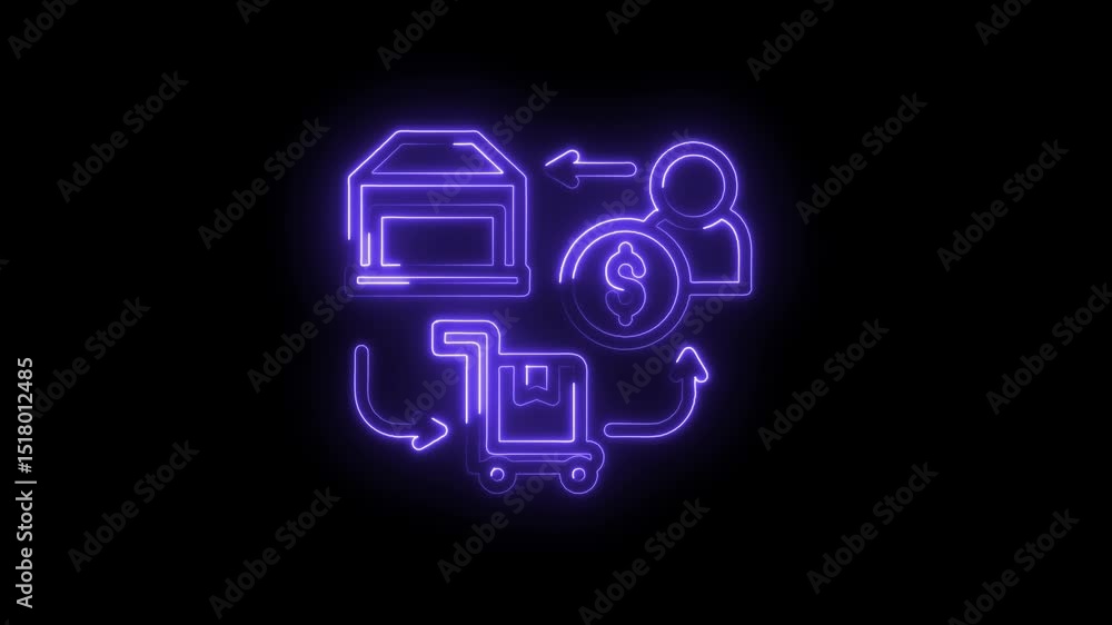 Poster neon logistics animation showing order processing delivery and payment cycle on black background