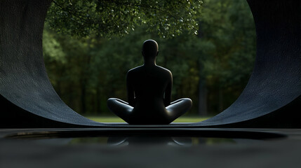 Silhouette Figure In Meditation Poses Outdoor Nature Scene
