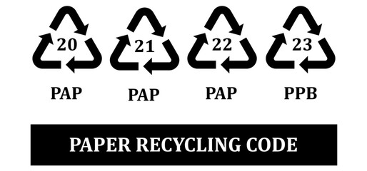 Paper recycling code icon set. recycling codes 20, 21, 22, 23. pap recycling symbols. plastic, recycle, symbol, code, icon.	