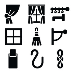 Fototapeta premium Home Decor Icon Set. Solid, filled icons set of enhancing home window decor: curtain tieback icon, drapery,