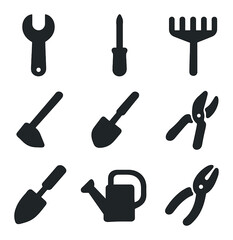 Garden Tool Icons. Solid, filled icons set of garden tool upkeep: wrench icon, screwdriver icon, garden rake,