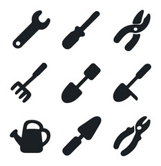 Gardening Tools Icons. Solid, filled icons set of gardening tool fix kit: wrench icon, screwdriver icon,