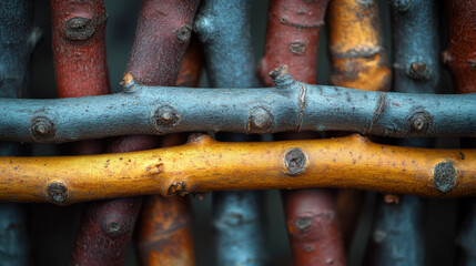 Abstract representation of interwoven branches forming a strong structure, A close-up of colorful sticks arranged in a unique pattern, showcasing nature's artistry and diverse colors.