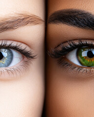 Close-up of two pairs of eyes meeting with understanding, A close-up image showcasing the diverse beauty of human eyes, highlighting unique colors and intricate details.