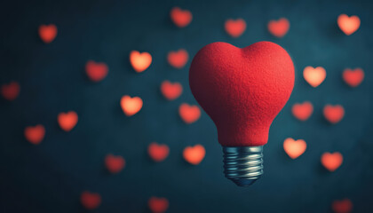 A cute cartoon lightbulb, A creative light bulb shaped like a heart, surrounded by red heart-shaped bokeh. Ideal for romantic or creative themes.