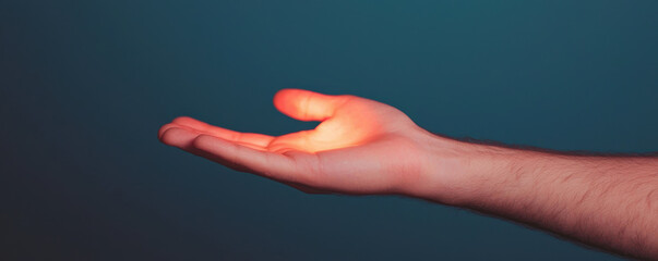 Stylized image of a hand extending a small, A hand reaching out with an illuminated palm, symbolizing openness and connection in a serene setting.