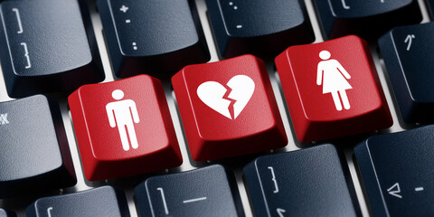 Red keyboard keys with white icons: male, broken heart, female, symbolizing online relationship breakup, heartbreak, digital separation