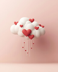 A whimsical cloud adorned with red hearts, symbolizing love and affection against a soft pink backdrop.