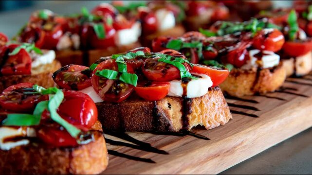 Delectable bruschetta appetizers arranged on a wooden serving board.