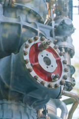 Details of spacecraft or rocket engine on display