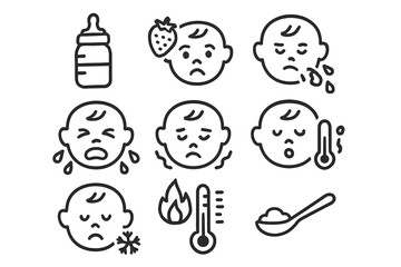 Baby Illness Icon Set: A comprehensive vector illustration set depicting common baby ailments, featuring simple, clean line icons of essential elements