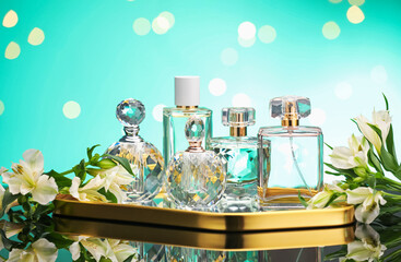 Many different perfume bottles and flowers on mirror surface against turquoise background with blurred lights, closeup