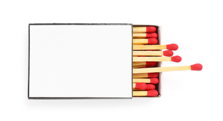 Matches in box isolated on white, top view. Mockup for design