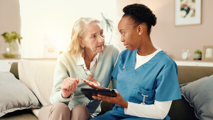 Tablet, sofa and nurse with senior woman for medical service, consulting and talking. Retirement...