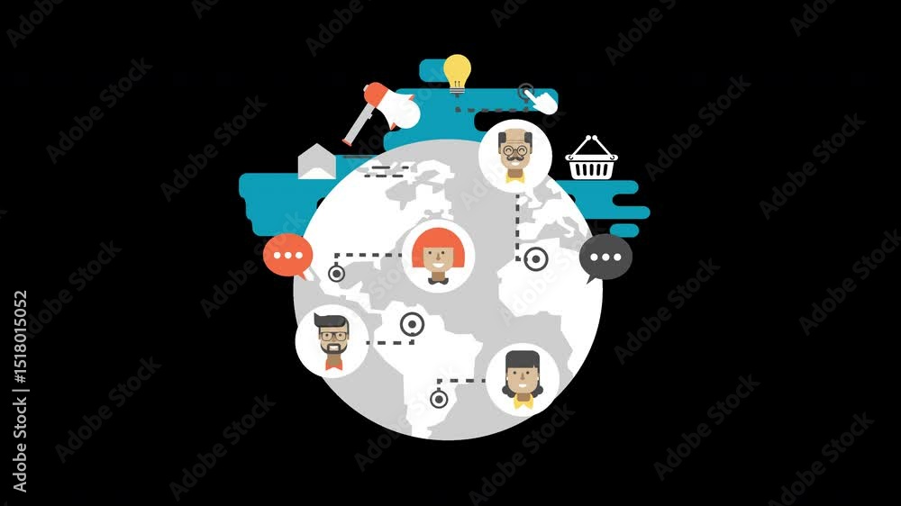 Poster global network: animated business connections and digital communication worldwide on a transparent b