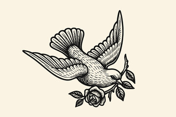 Fototapeta premium Flying dove with rose engraving style vector illustration