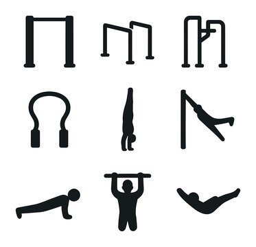 Calisthenics Icons Set. Solid, filled icons set of calisthenics workout elements: pull-up bar, parallel bars,