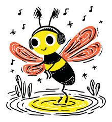 Playful Bee with Headphones Dancing to Music in Modern Hand-drawn Style