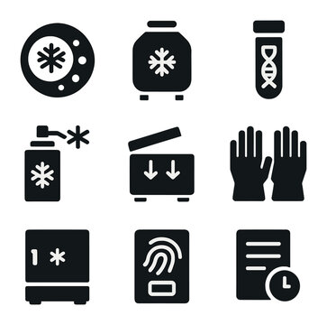 Cryopreservation Icon Set. Solid, filled icons set of cryopreservation process: frozen cell, preservation tank