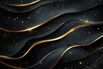Dark waves with golden lines and sparkles create a luxury background. It is great for elegant designs, banners, or promotional materials.