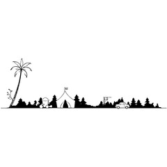 Tropical island silhouette, palm trees, wavy water, black and white illustration, minimalist design, beach landscape, graphic art, simplified shapes, coastal scenery, vacation vibes, tranquil ocean
