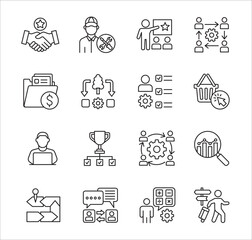 Business company Icon set. Management icon set. Contains symbol of teamwork, data, asset, stock, resource, employee, businessman, target, finance, holiday, meeting, education. Vector illustration
