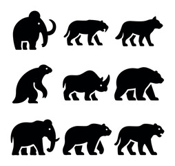 Ice Age Icons. Solid, filled icons set of Ice Age species: mammoth, saber-toothed cat, dire wolf, ground sloth