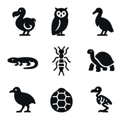 Obraz premium Extinct Island Species Icons. Solid, filled icons set of extinct island species: dodo, Mauritius owl,