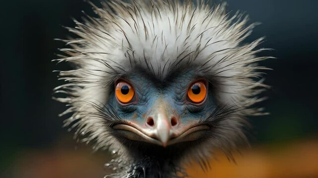 Curious emu expresses intrigue with intense stare and vibrant orange eyes